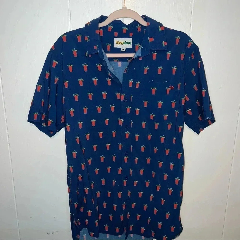 Tipsy Elves Blue Short Sleeve Bloody Mary Button Up.